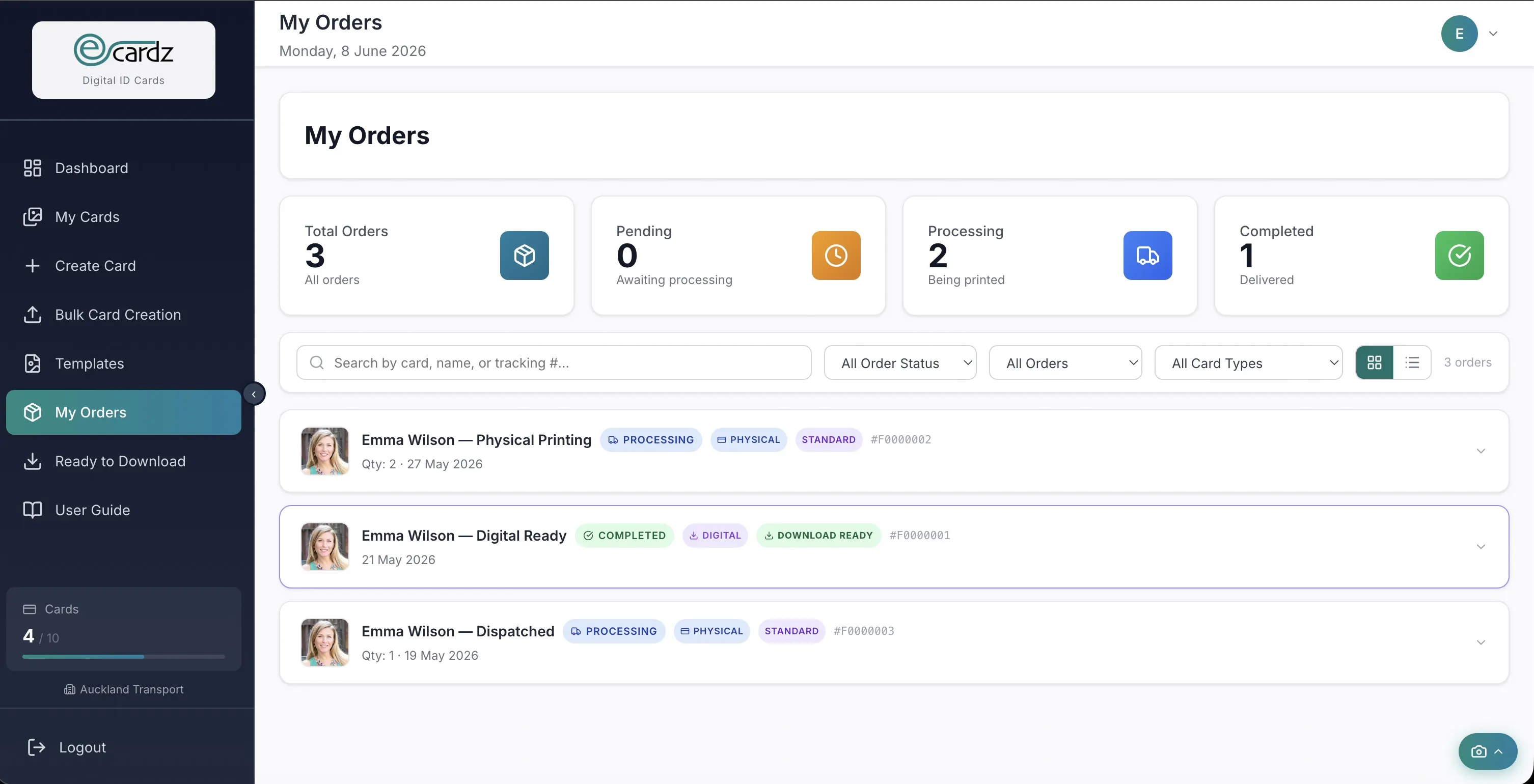 My Orders — real-time status tracking with per-item fulfillment
